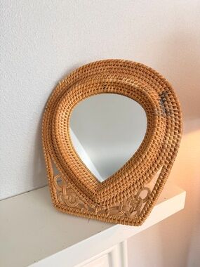 Vintage Rattan Vanity Mirror Boho Wicker Tabletop Mirror Coastal Decor